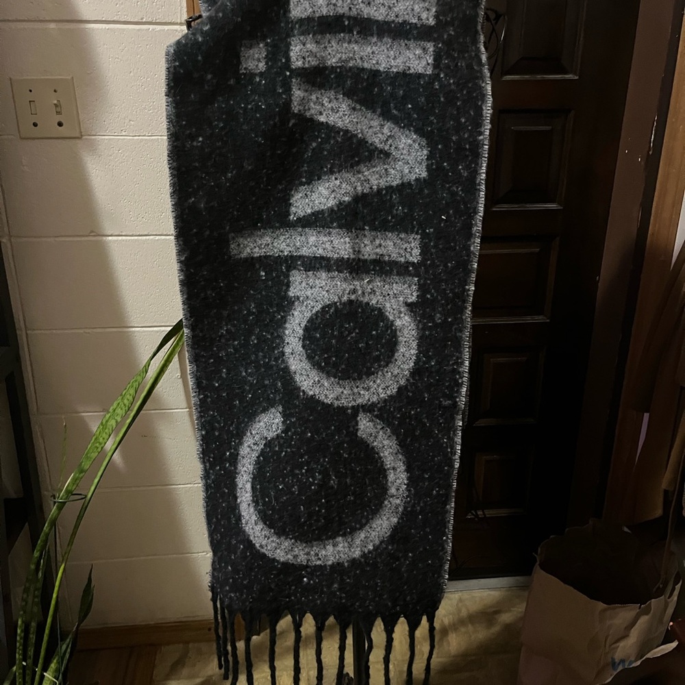 Calvin Klein Charcoal and Light Gray Logo Blanket Scarf